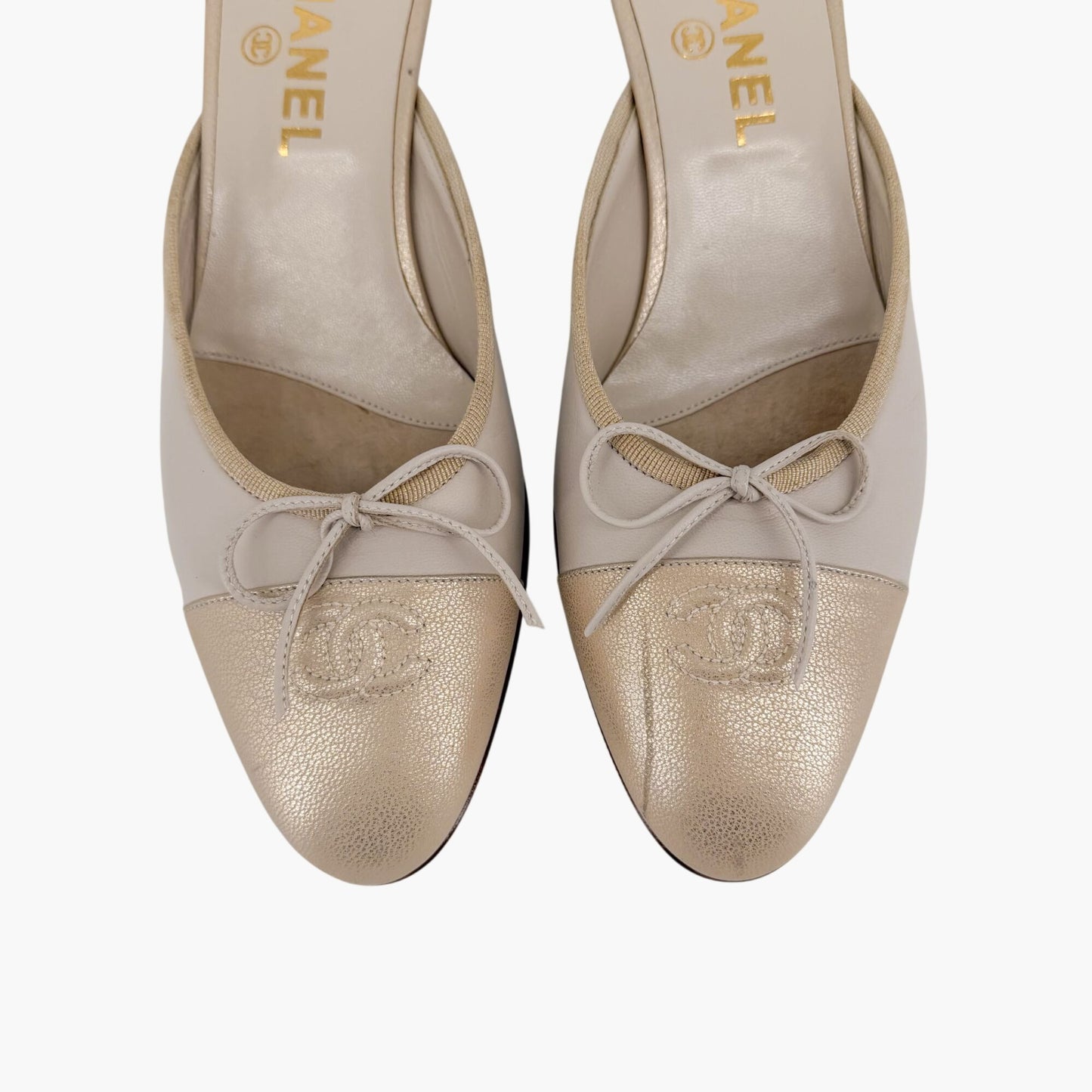 Vintage Chanel CC Cap Toe Mule Heels White Beige Size 39