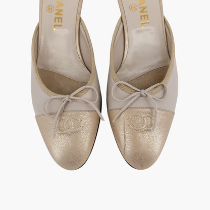 Vintage Chanel CC Cap Toe Mule Heels White Beige Size 39