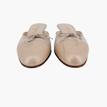 Vintage Chanel CC Cap Toe Mule Heels White Beige Size 39