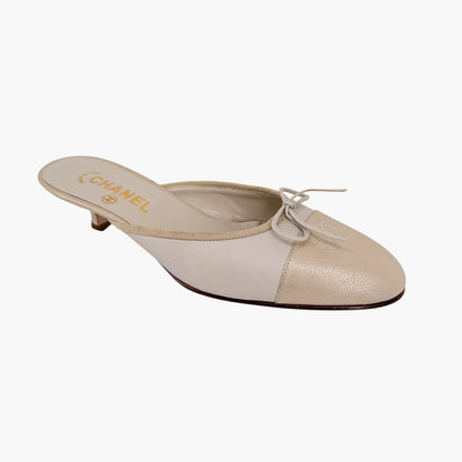 Vintage Chanel CC Cap Toe Mule Heels White Beige Size 39