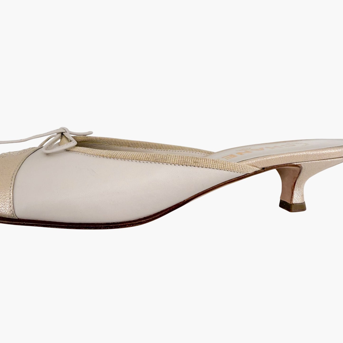 Vintage Chanel CC Cap Toe Mule Heels White Beige Size 39