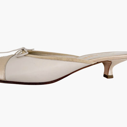 Vintage Chanel CC Cap Toe Mule Heels White Beige Size 39
