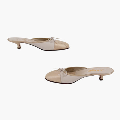 Vintage Chanel CC Cap Toe Mule Heels White Beige Size 39