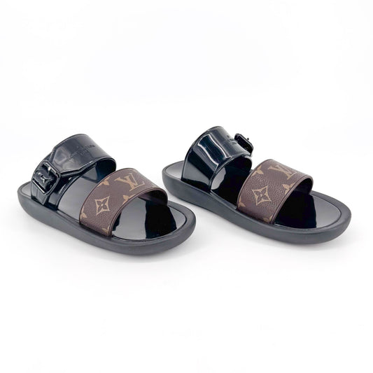Louis Vuitton Sunbath Slide Sandals in Black Rubber & Monogram Canvas – Size 38