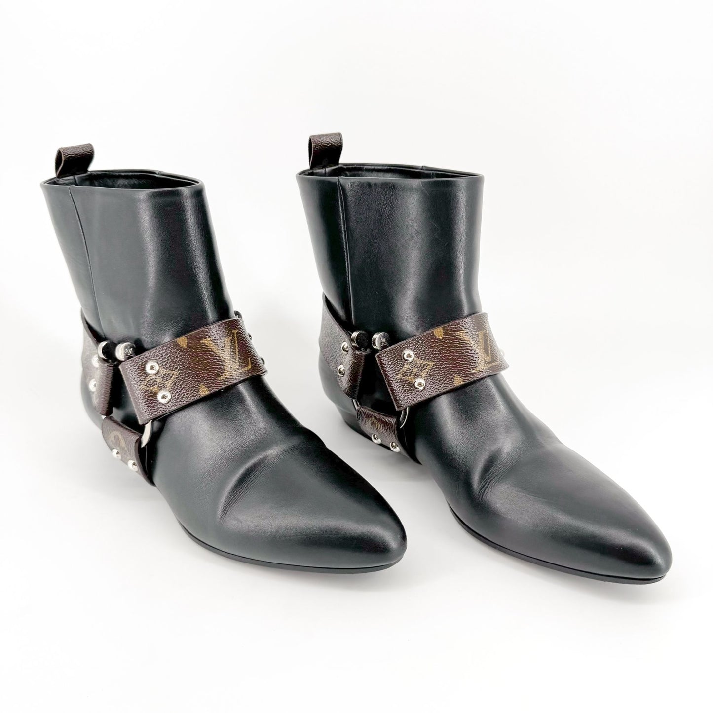 Louis Vuitton Rhapsody Harness Ankle Boots in Black Leather & Brown LV Monogram Coated Canvas Size 38.5