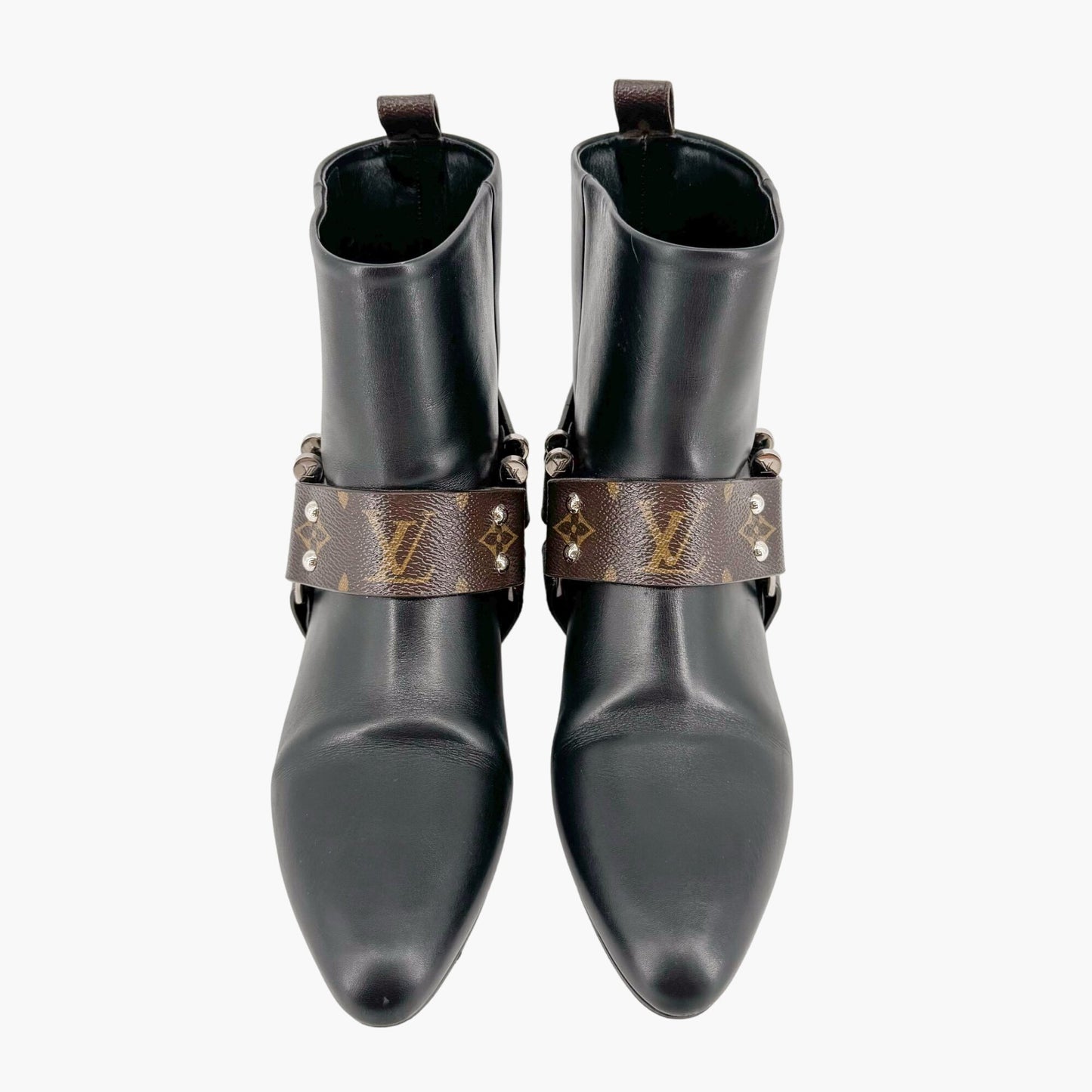 Louis Vuitton Rhapsody Harness Ankle Boots in Black Leather & Brown LV Monogram Coated Canvas Size 38.5