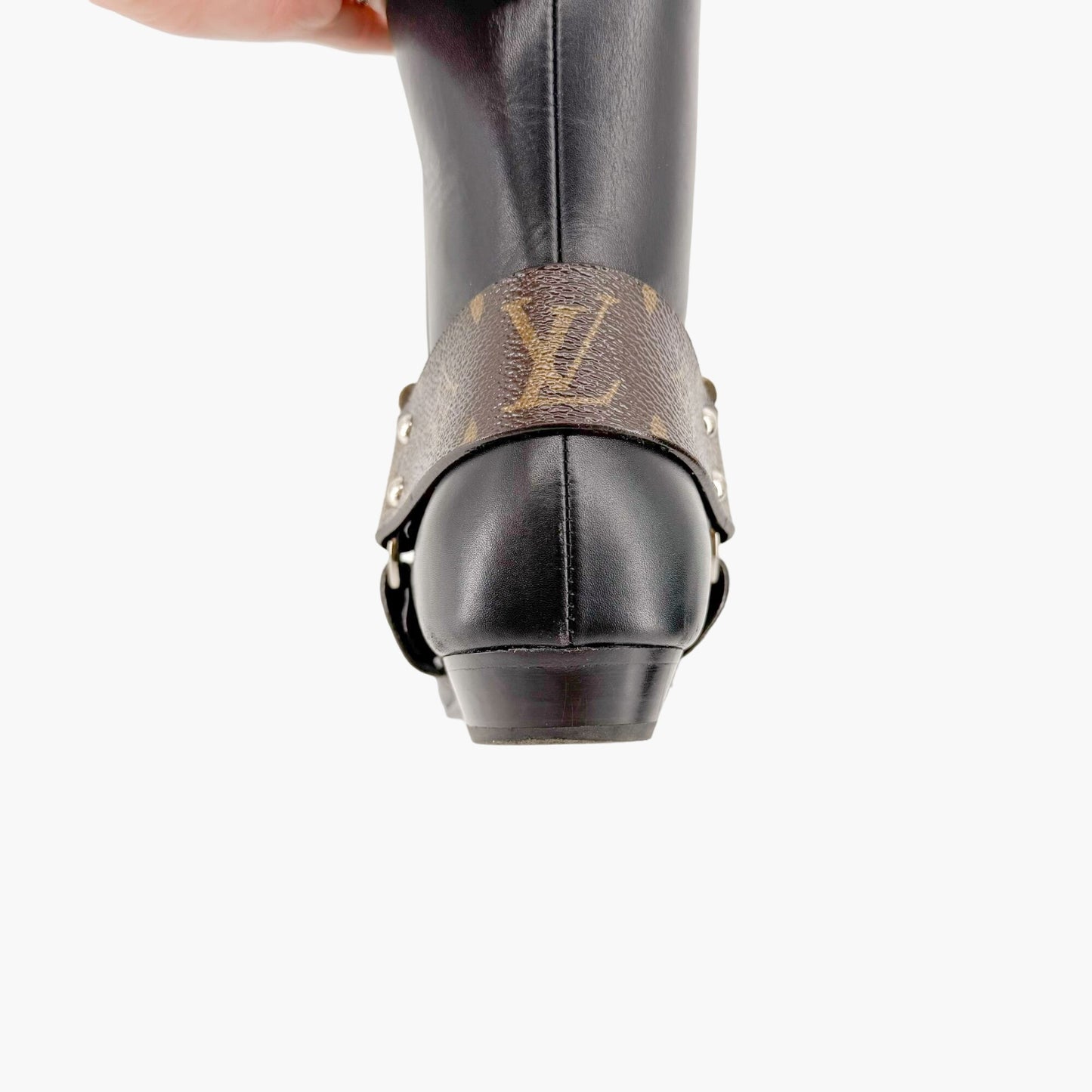 Louis Vuitton Rhapsody Harness Ankle Boots in Black Leather & Brown LV Monogram Coated Canvas Size 38.5