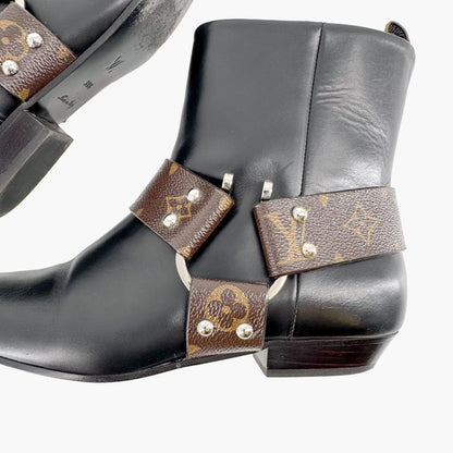 Louis Vuitton Rhapsody Harness Ankle Boots in Black Leather & Brown LV Monogram Coated Canvas Size 38.5