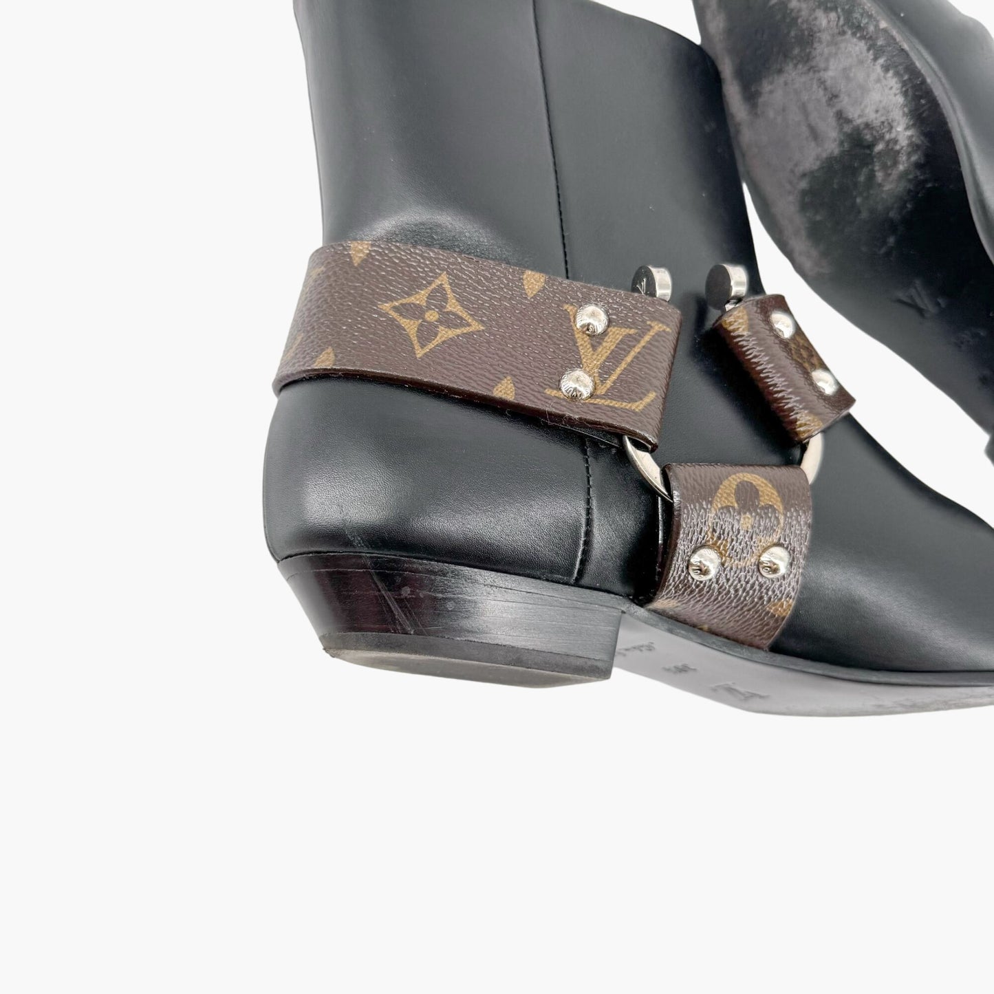 Louis Vuitton Rhapsody Harness Ankle Boots in Black Leather & Brown LV Monogram Coated Canvas Size 38.5