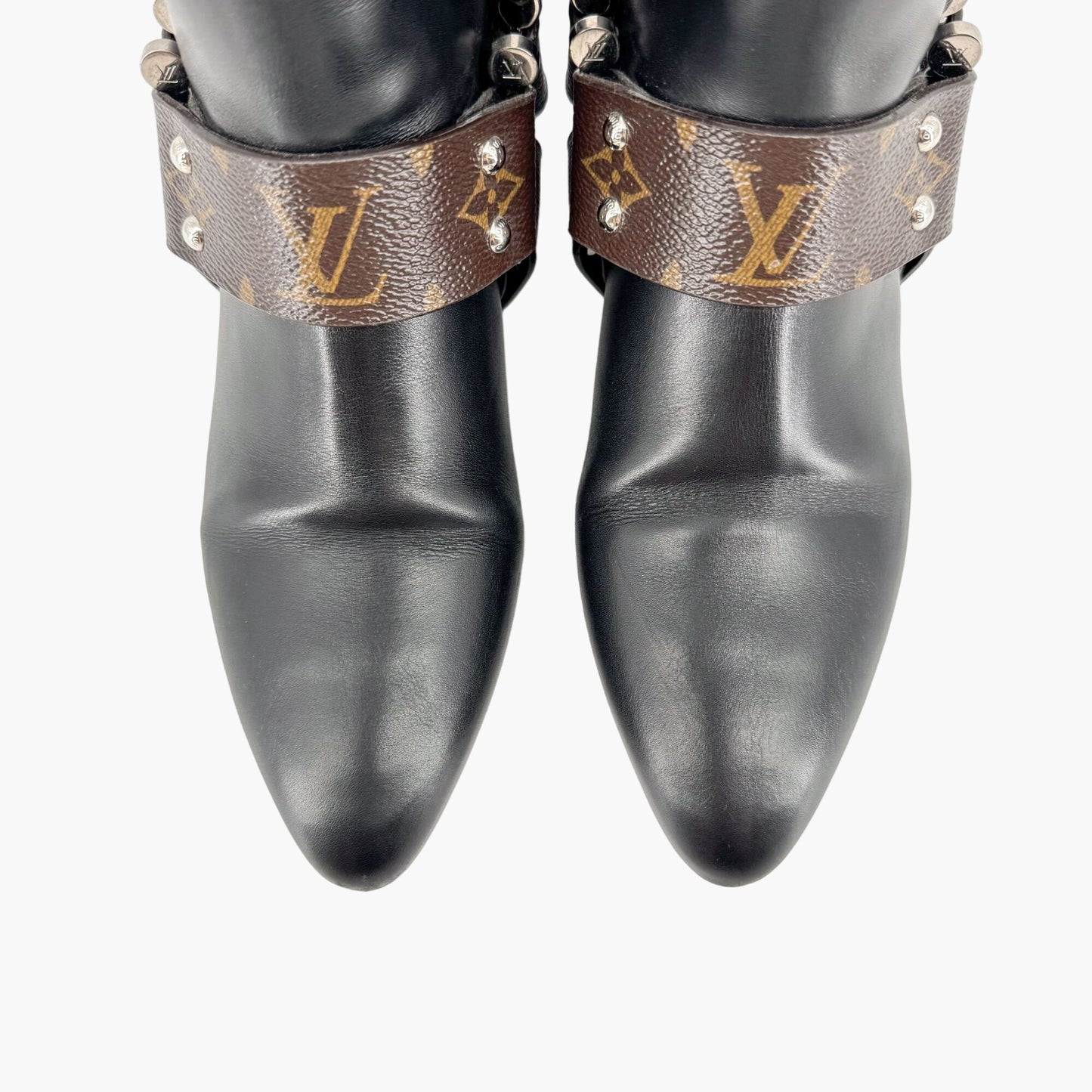 Louis Vuitton Rhapsody Harness Ankle Boots in Black Leather & Brown LV Monogram Coated Canvas Size 38.5