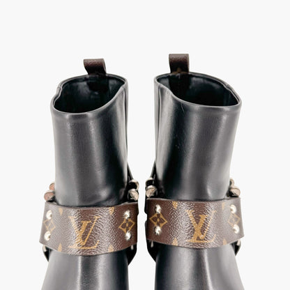 Louis Vuitton Rhapsody Harness Ankle Boots in Black Leather & Brown LV Monogram Coated Canvas Size 38.5