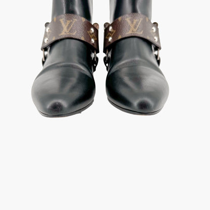 Louis Vuitton Rhapsody Harness Ankle Boots in Black Leather & Brown LV Monogram Coated Canvas Size 38.5