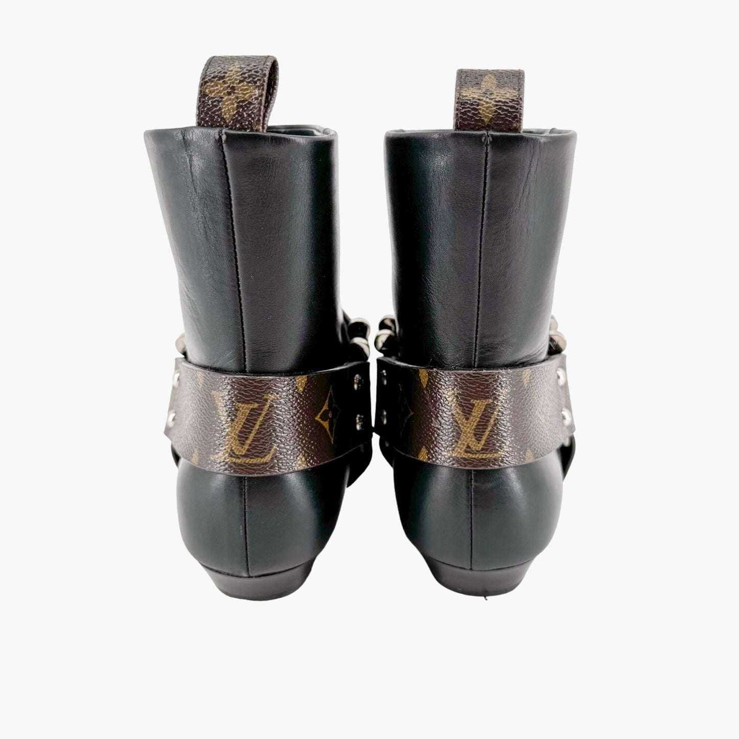 Louis Vuitton Rhapsody Harness Ankle Boots in Black Leather & Brown LV Monogram Coated Canvas Size 38.5