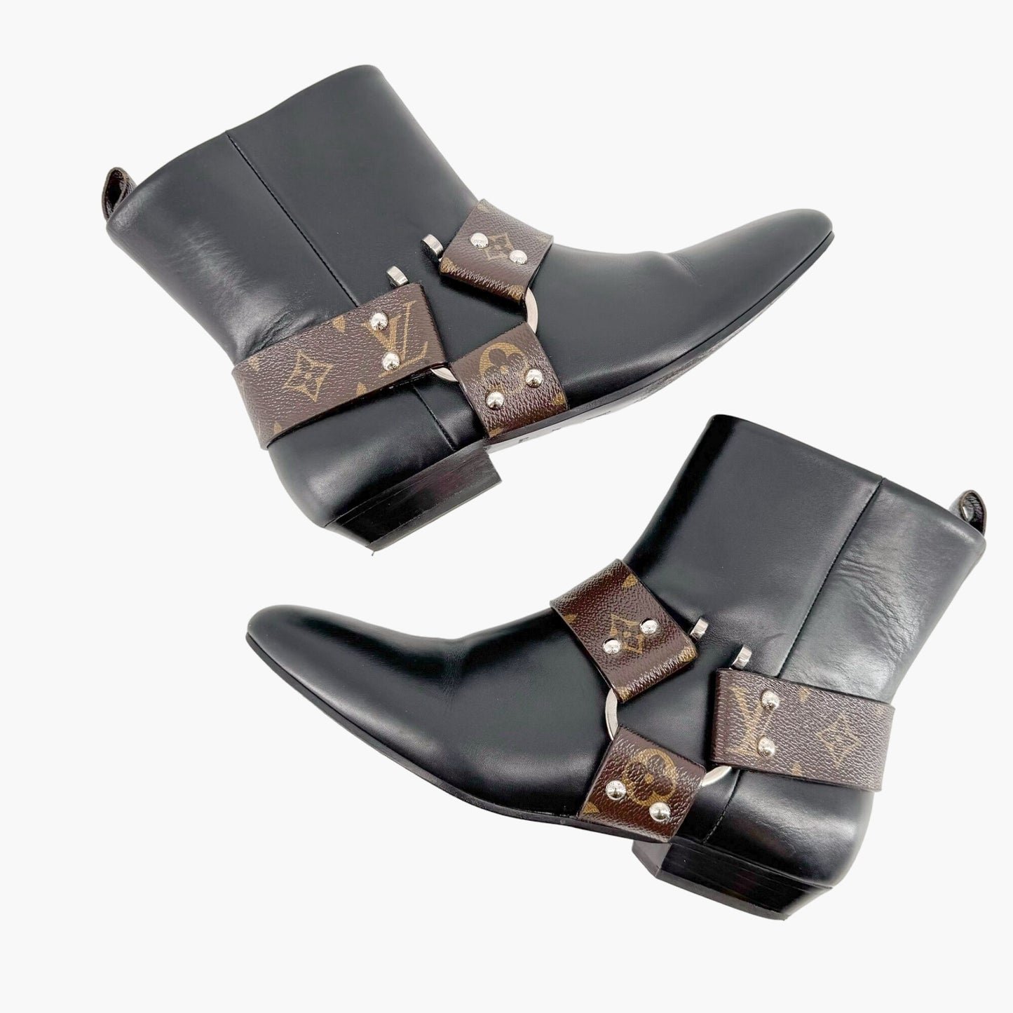 Louis Vuitton Rhapsody Harness Ankle Boots in Black Leather & Brown LV Monogram Coated Canvas Size 38.5