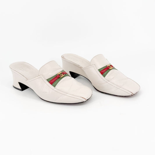 Gucci Interlocking G Web Stripe Mule Heels White Size 38