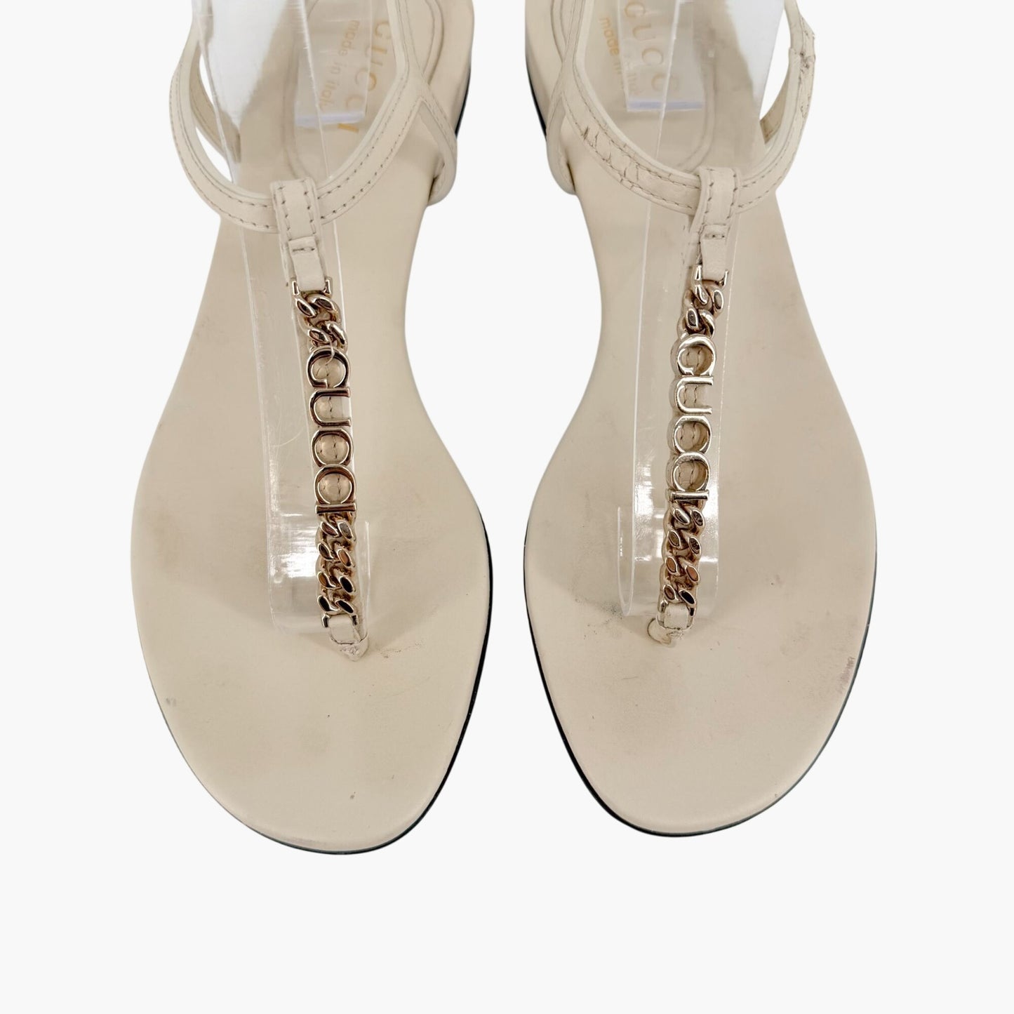 Gucci Signoria T Strap Logo Thong Sandals in White Leather Size 36.5