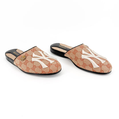 Gucci GG Yankees Mule Slippers in Beige Monogram Canvas Size 36