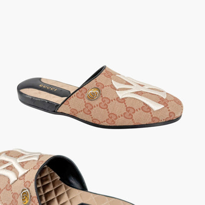 Gucci GG Yankees Mule Slippers in Beige Monogram Canvas Size 36