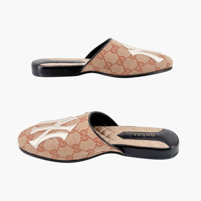 Gucci GG Yankees Mule Slippers in Beige Monogram Canvas Size 36