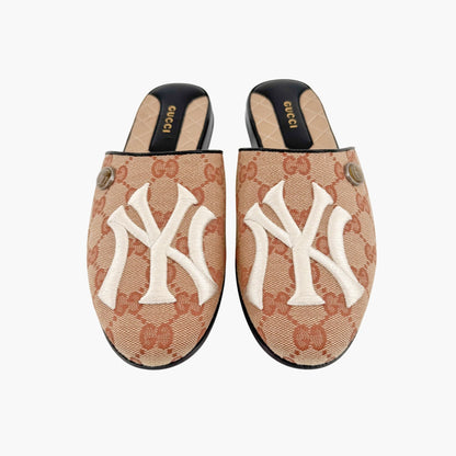 Gucci GG Yankees Mule Slippers in Beige Monogram Canvas Size 36