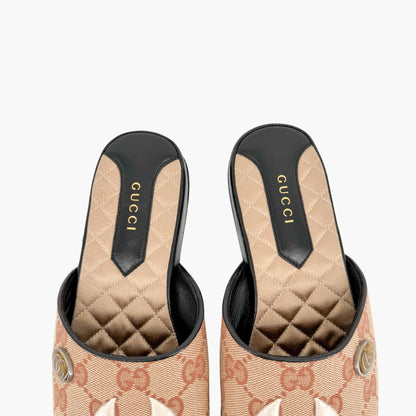 Gucci GG Yankees Mule Slippers in Beige Monogram Canvas Size 36