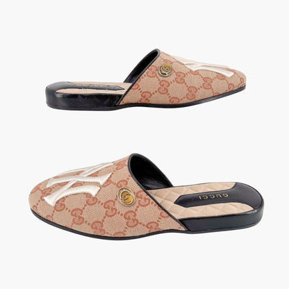 Gucci GG Yankees Mule Slippers in Beige Monogram Canvas Size 36