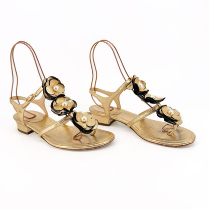 Chanel Pearl Camellia T-Strap Sandals in Metallic Gold Leather – Size 37C (Wide)