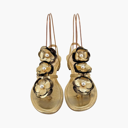 Chanel Pearl Camellia T-Strap Sandals in Metallic Gold Leather – Size 37C (Wide)