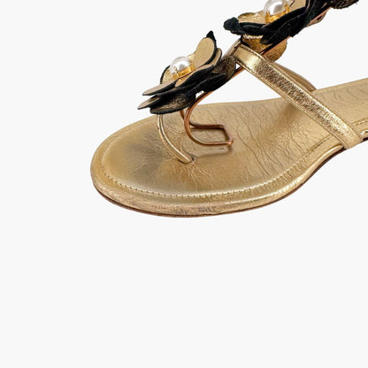 Chanel Pearl Camellia T-Strap Sandals in Metallic Gold Leather – Size 37C (Wide)