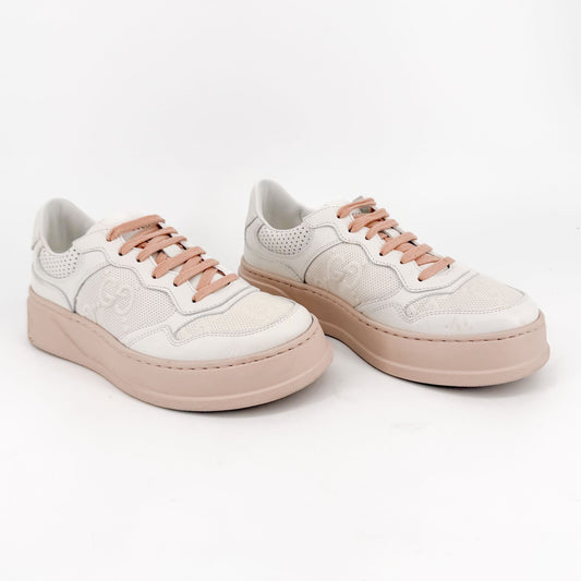 Gucci GG Embossed Platform Sneakers White Pink Size 38
