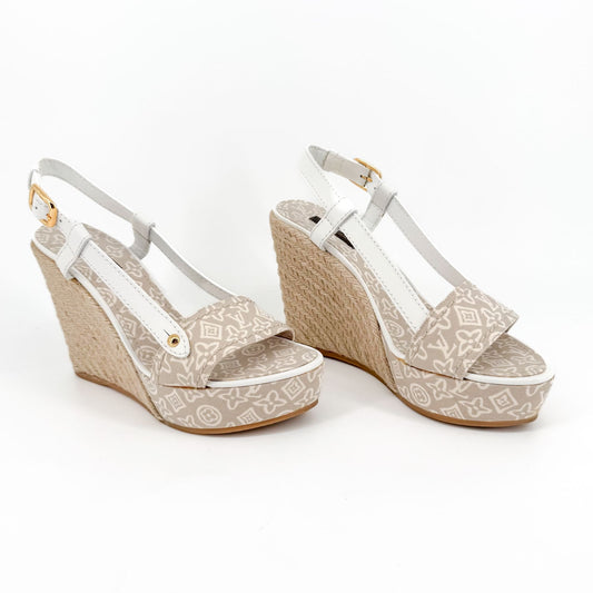 Louis Vuitton Slingback Espadrille Wedge Sandals in Gray Tahitienne Monogram Canvas Size 38.5