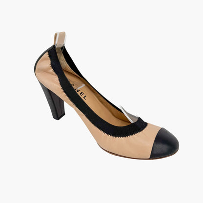 Chanel Elastic Cap Toe CC Pumps Beige Black Size 40