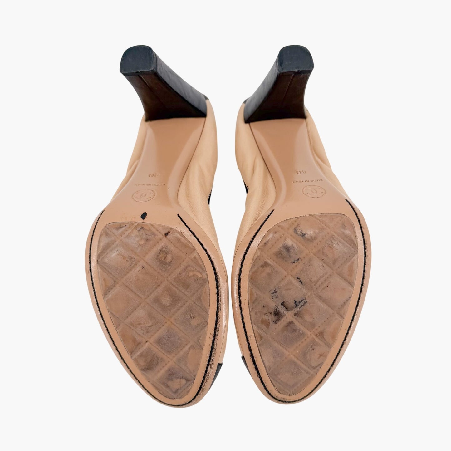 Chanel Elastic Cap Toe CC Pumps Beige Black Size 40