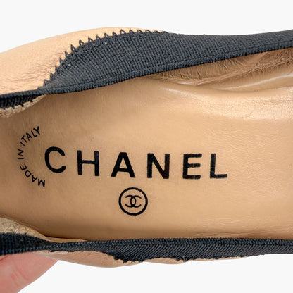 Chanel Elastic Cap Toe CC Pumps Beige Black Size 40