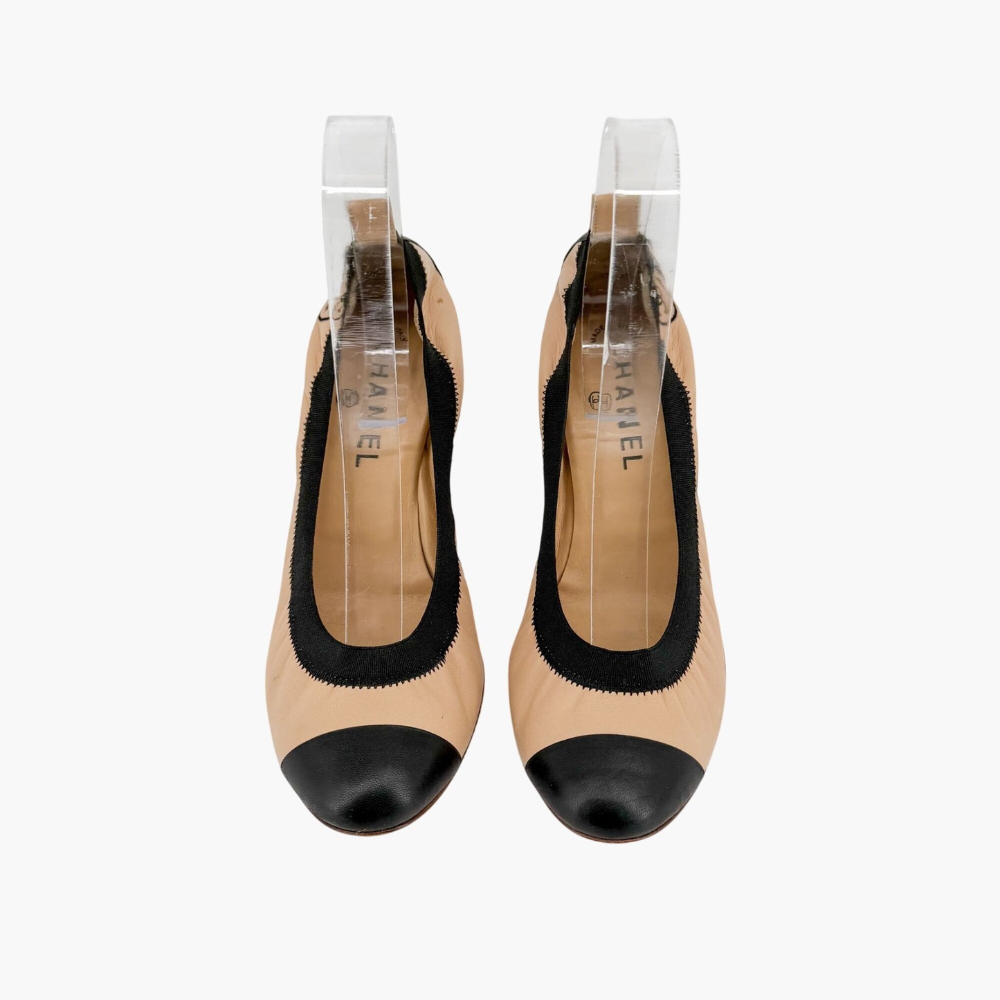Chanel Elastic Cap Toe CC Pumps Beige Black Size 40
