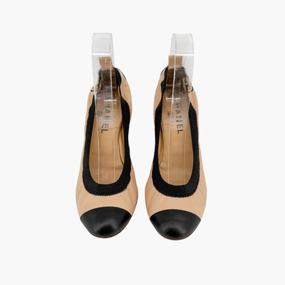 Chanel Elastic Cap Toe CC Pumps Beige Black Size 40