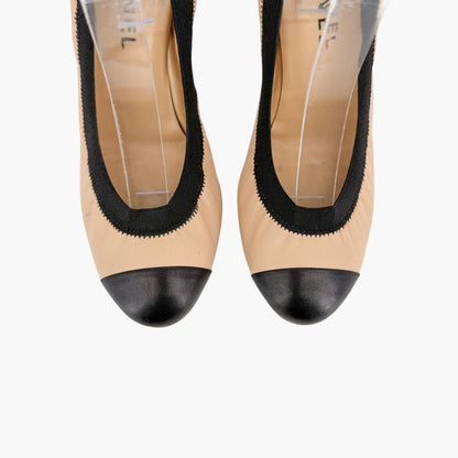 Chanel Elastic Cap Toe CC Pumps Beige Black Size 40