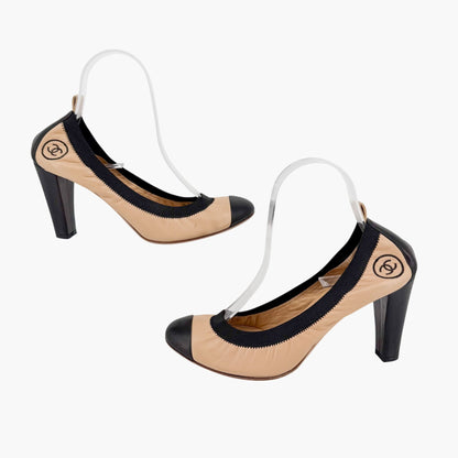 Chanel Elastic Cap Toe CC Pumps Beige Black Size 40
