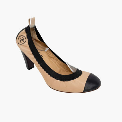 Chanel Elastic Cap Toe CC Pumps Beige Black Size 40