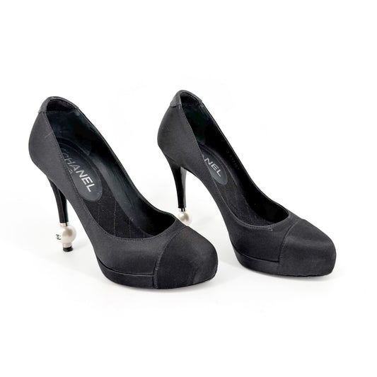 Chanel Pearl Cap Toe Pumps Black Satin Size 37.5