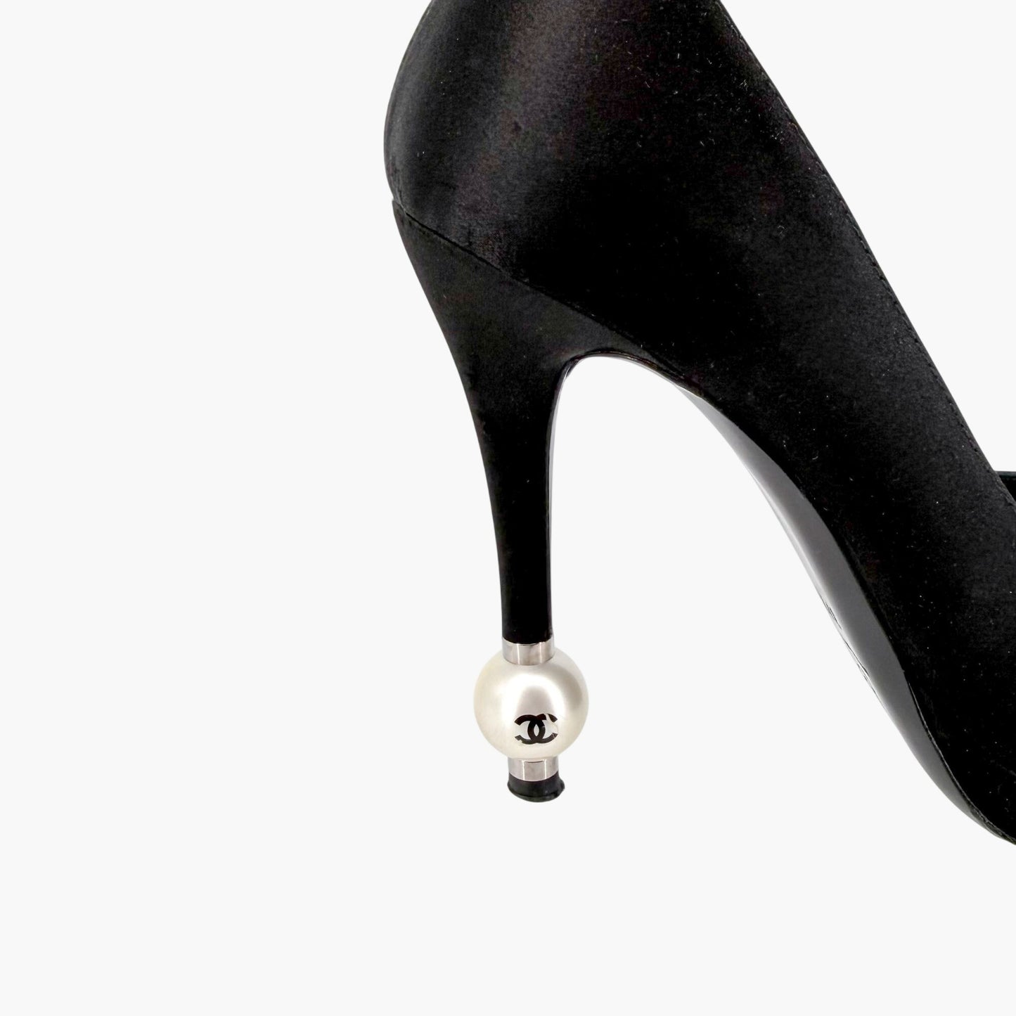 Chanel Pearl Cap Toe Pumps Black Satin Size 37.5