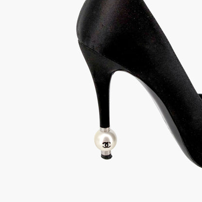 Chanel Pearl Cap Toe Pumps Black Satin Size 37.5