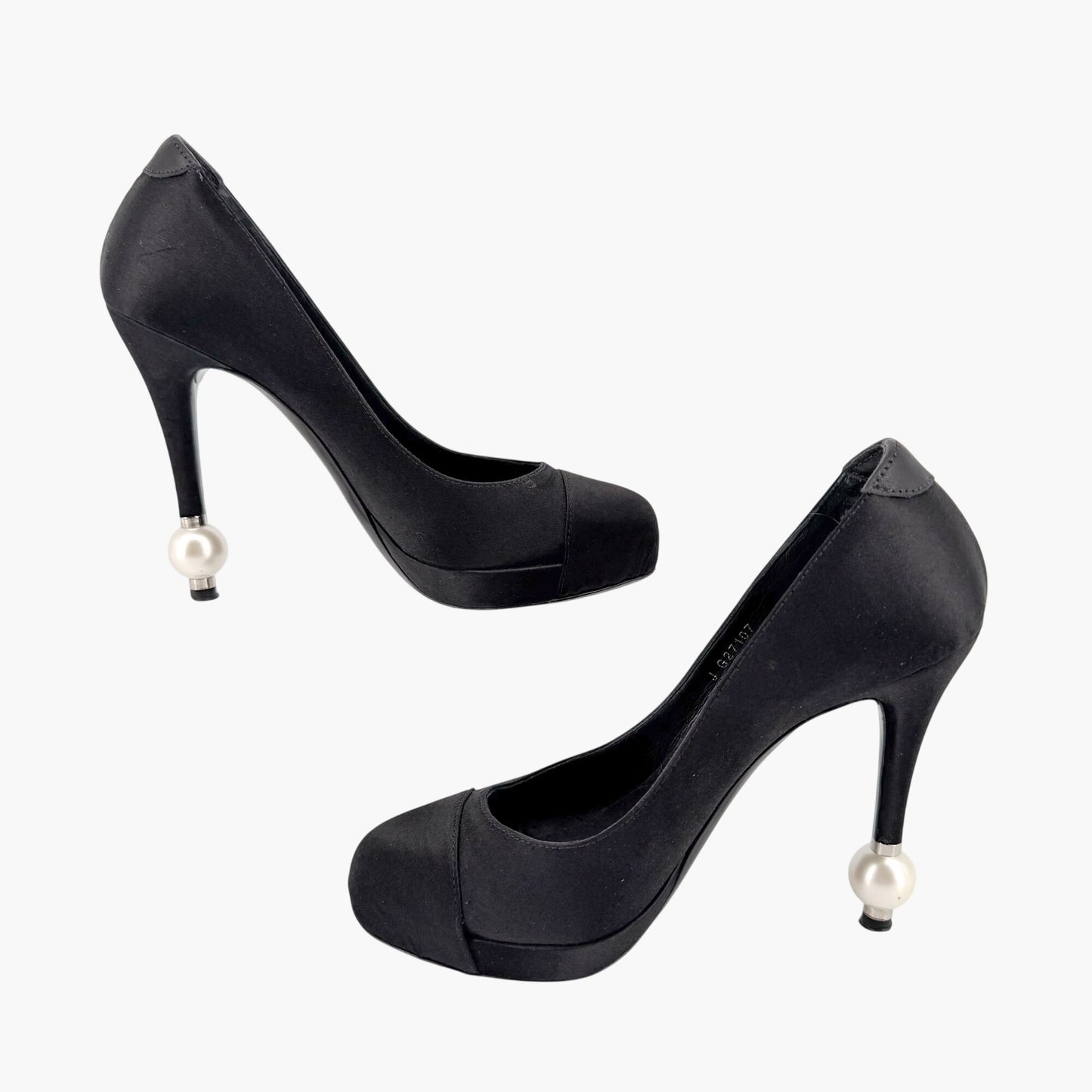 Chanel Pearl Cap Toe Pumps Black Satin Size 37.5