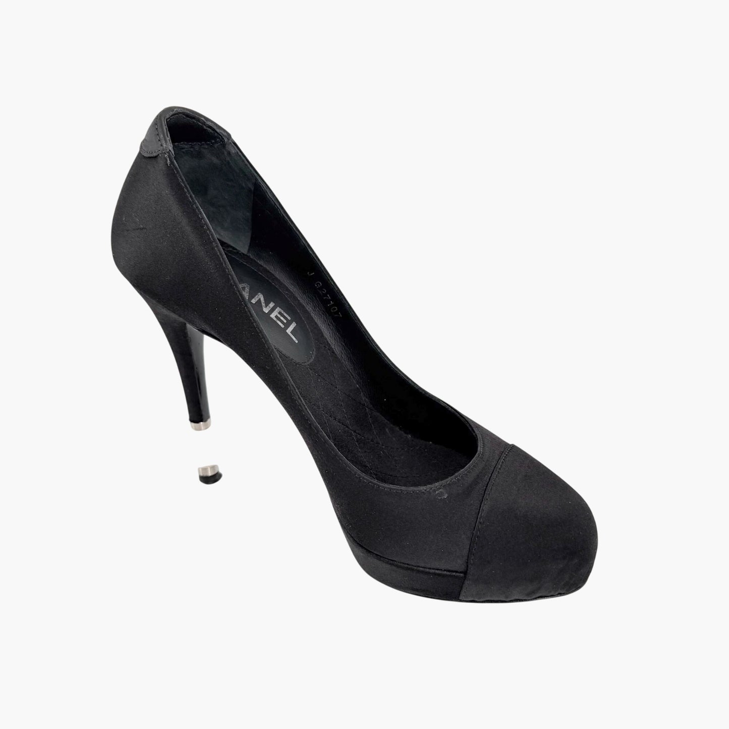 Chanel Pearl Cap Toe Pumps Black Satin Size 37.5