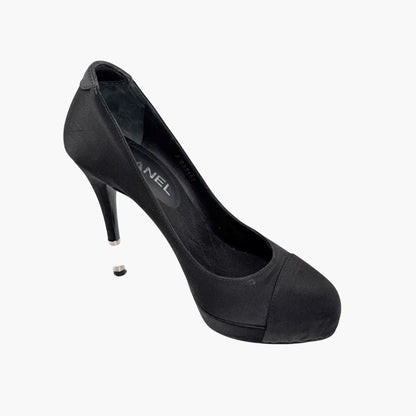 Chanel Pearl Cap Toe Pumps Black Satin Size 37.5