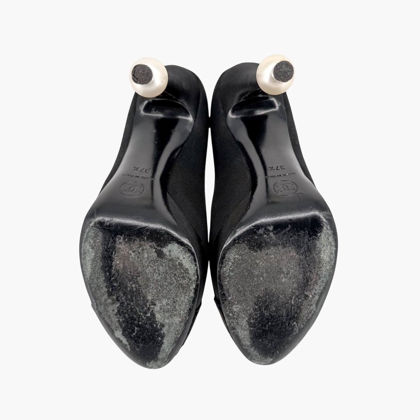 Chanel Pearl Cap Toe Pumps Black Satin Size 37.5