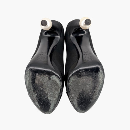 Chanel Pearl Cap Toe Pumps Black Satin Size 37.5