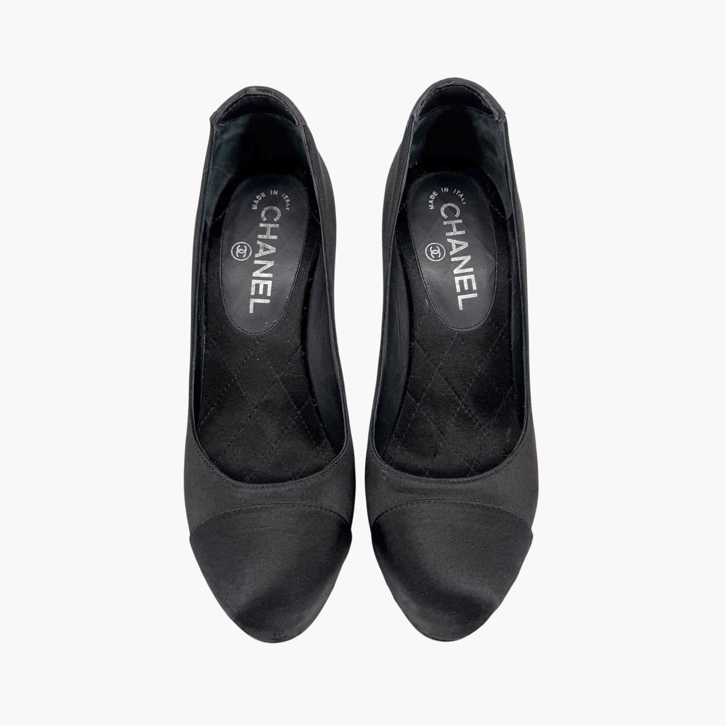 Chanel Pearl Cap Toe Pumps Black Satin Size 37.5