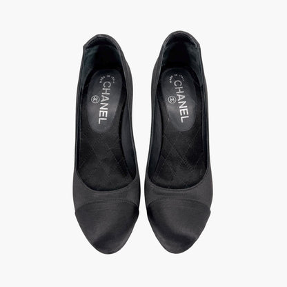 Chanel Pearl Cap Toe Pumps Black Satin Size 37.5