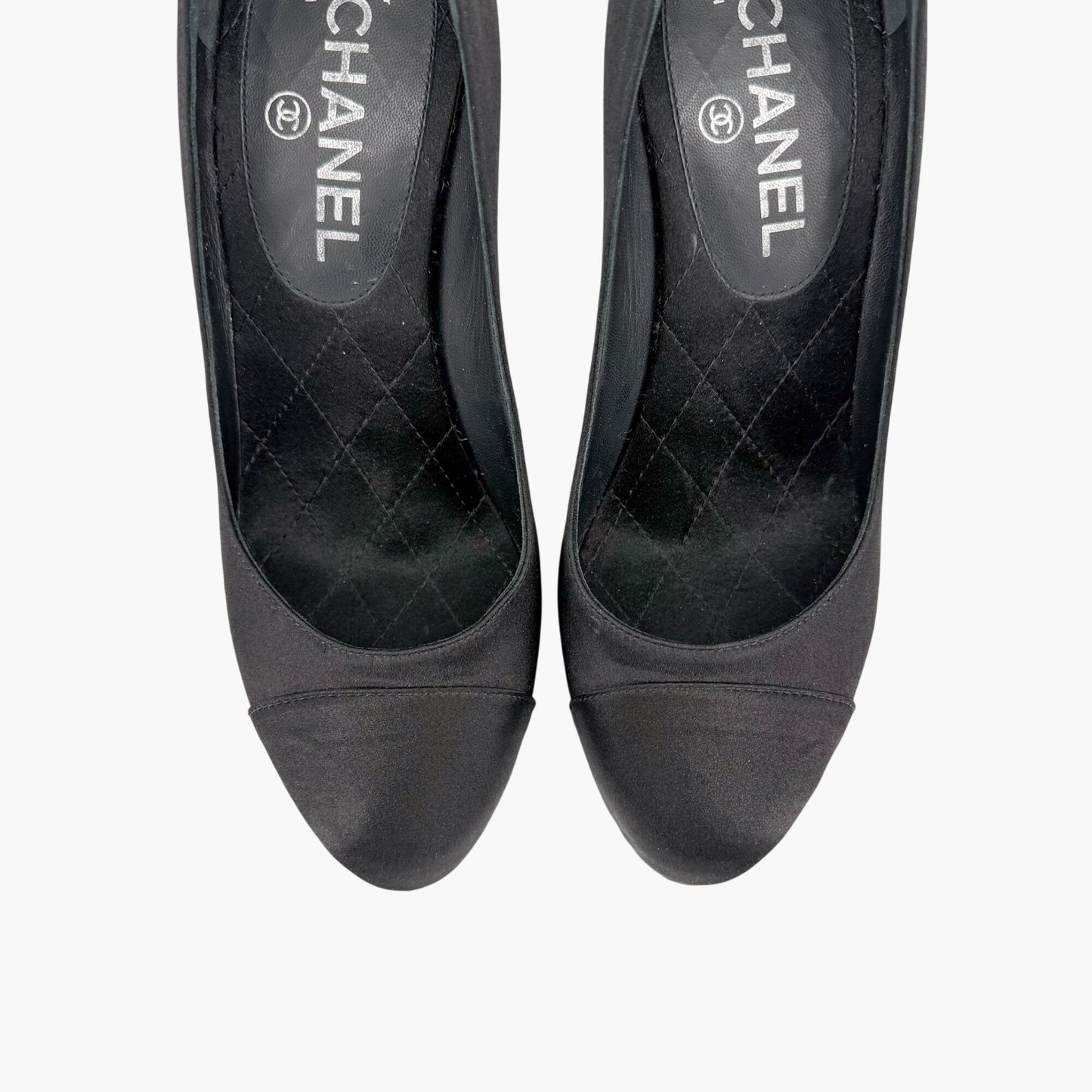 Chanel Pearl Cap Toe Pumps Black Satin Size 37.5